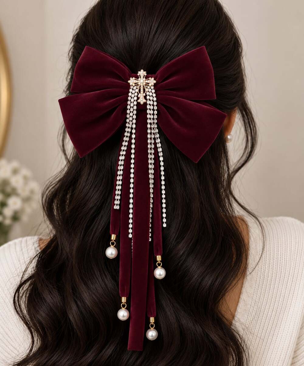 Burgundy Velvet Bow Rhinestone Tassel Pearl Cross Hair Clip
